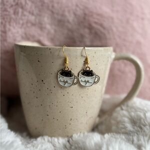 Charming Cat Coffee Gold and Black Earrings, Cute Earrings, Coffee Lovers